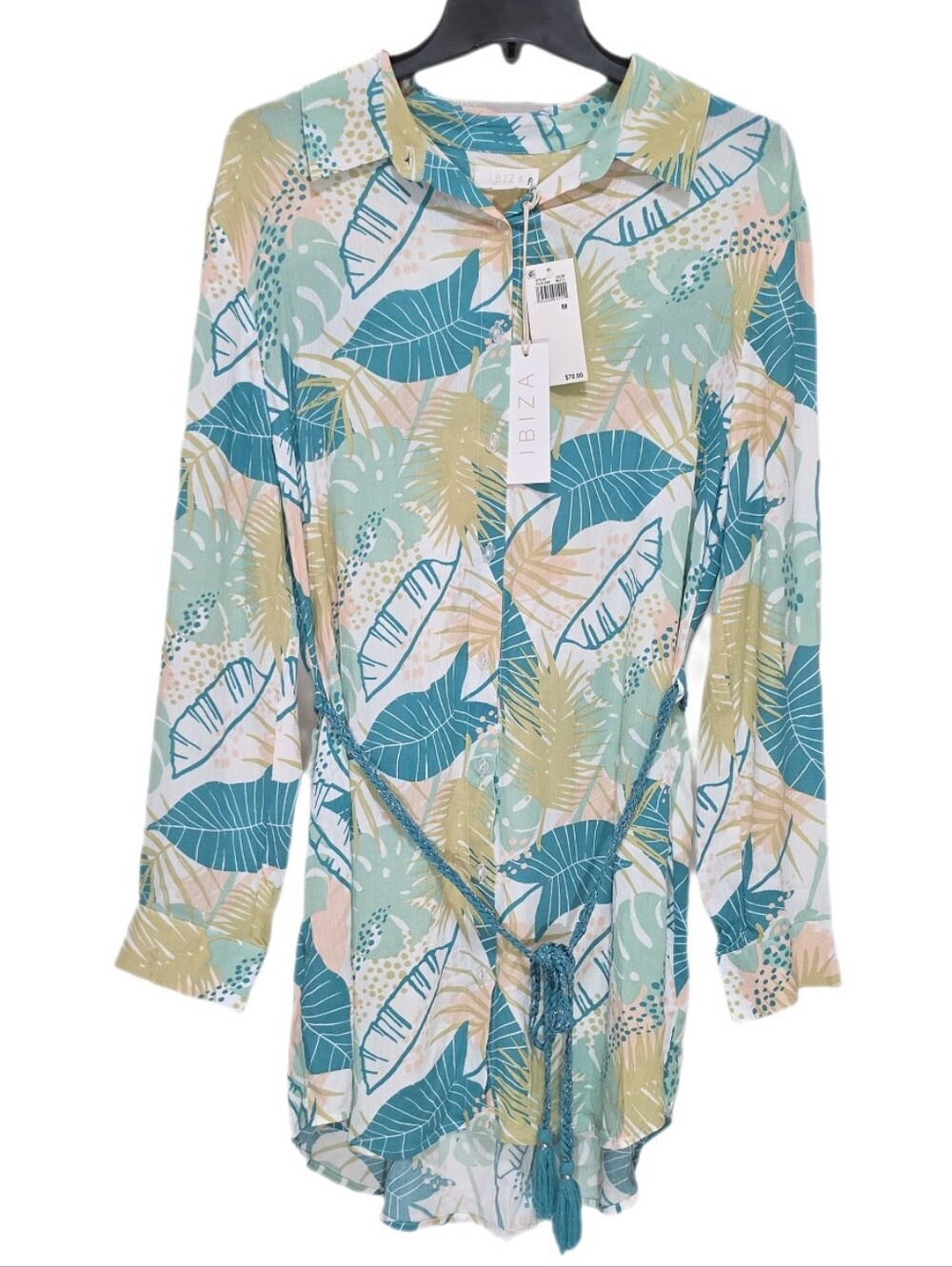 Ibiza Women's Tahiti Tassels Tie Belt Long Sleeve Button Up Cover-Up Shirt M